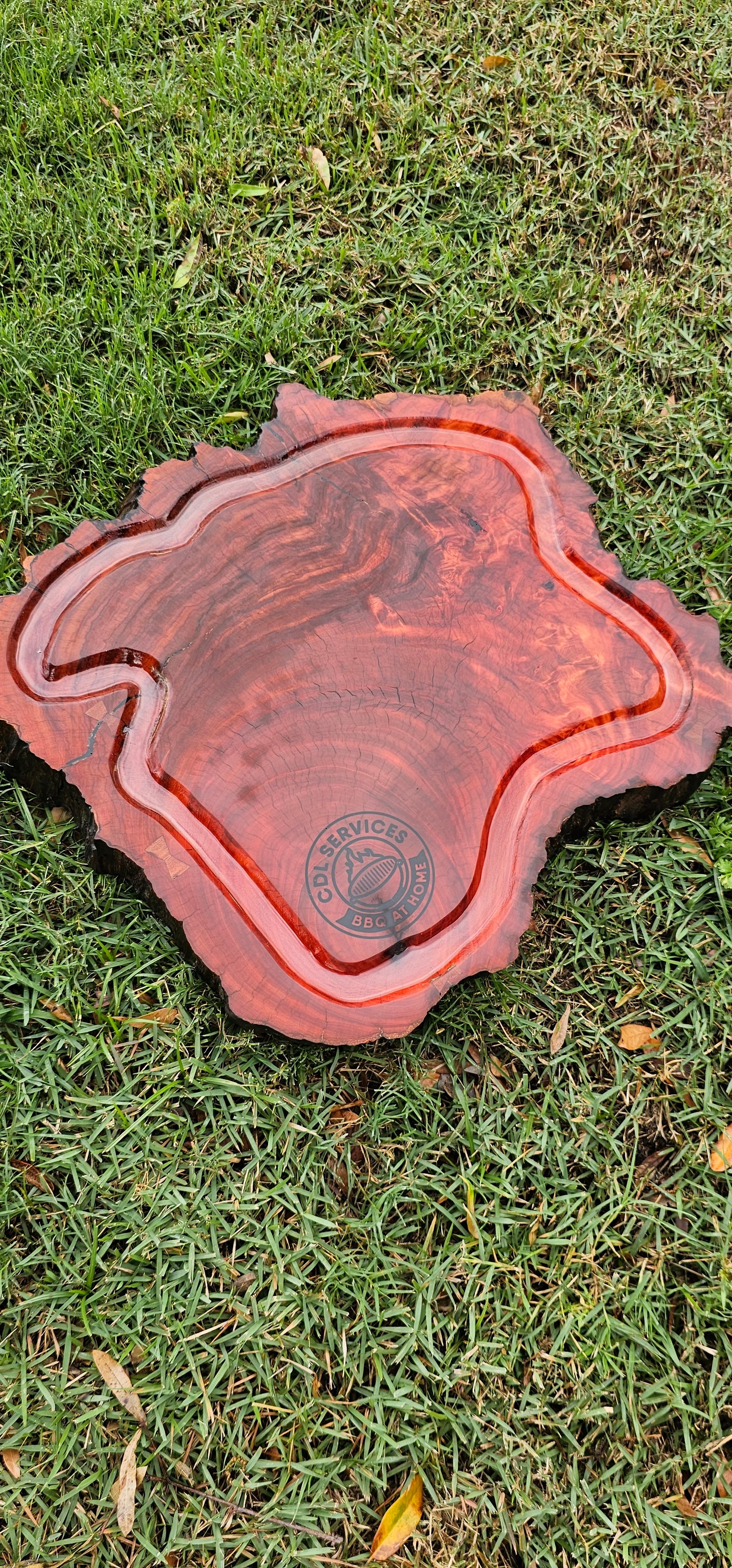 Cozy Stump butcher block with juice groove and resin epoxy